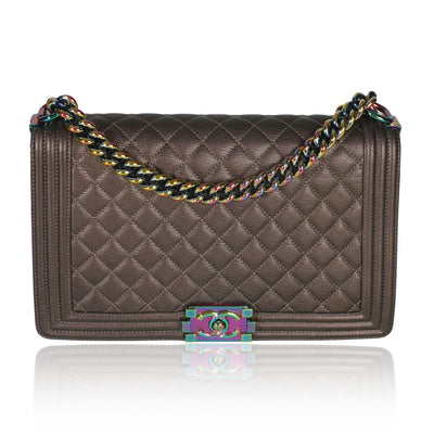 Chanel Bronze Purple Iridescent Quilted Goatskin New Medium Boy Bag Handbag fv