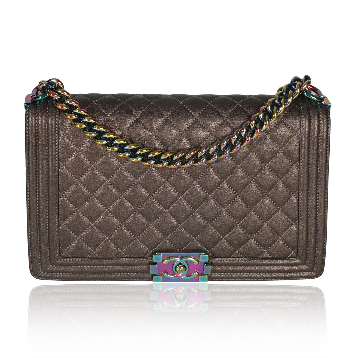 Chanel Bronze Purple Iridescent Quilted Goatskin New Medium Boy Bag Handbag fv