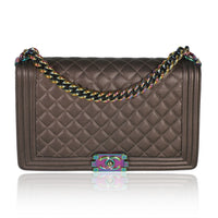 Chanel Bronze Purple Iridescent Quilted Goatskin New Medium Boy Bag Handbag fv