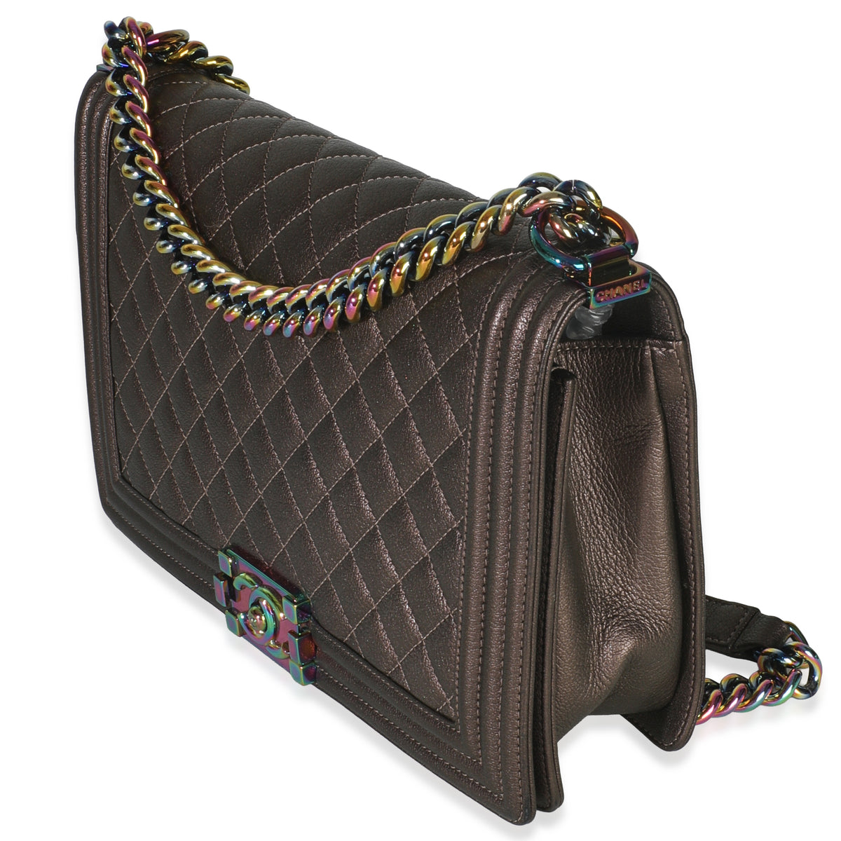 Chanel Bronze Purple Iridescent Quilted Goatskin New Medium Boy Bag Handbag sv