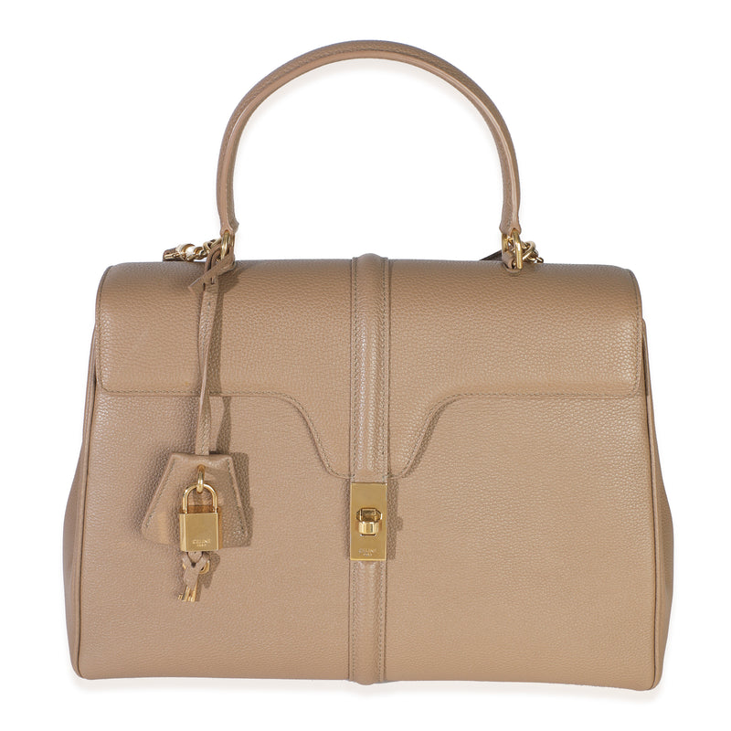 Beige Grained Calfskin Medium 16 Top Handle Bag