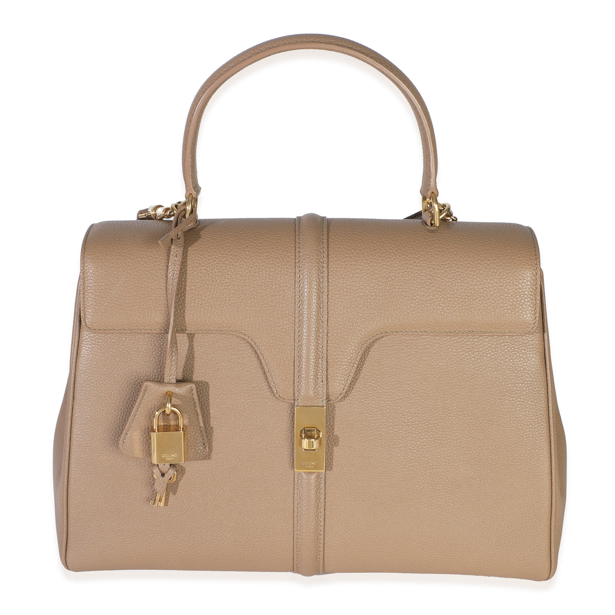 Beige Grained Calfskin Medium 16 Top Handle Bag