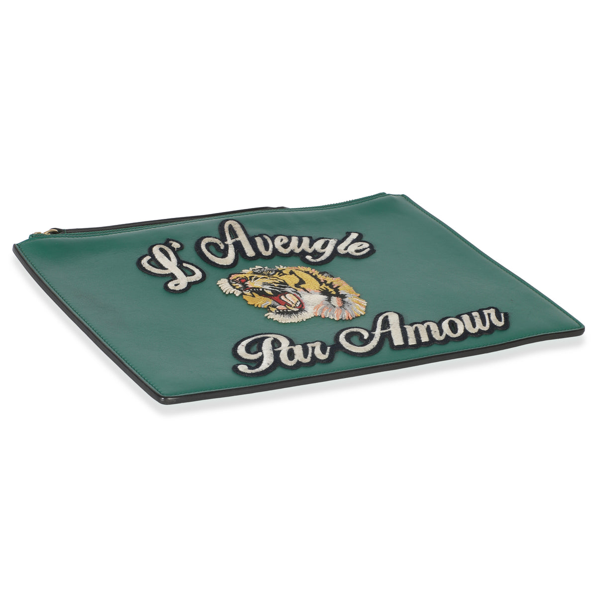 Green Leather Tiger Embroidery Clutch