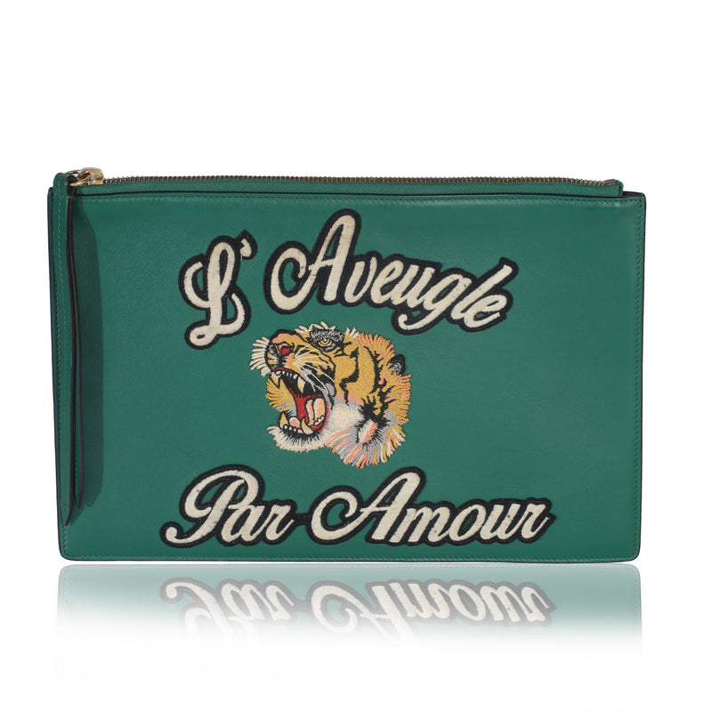 Green Leather Tiger Embroidery Clutch