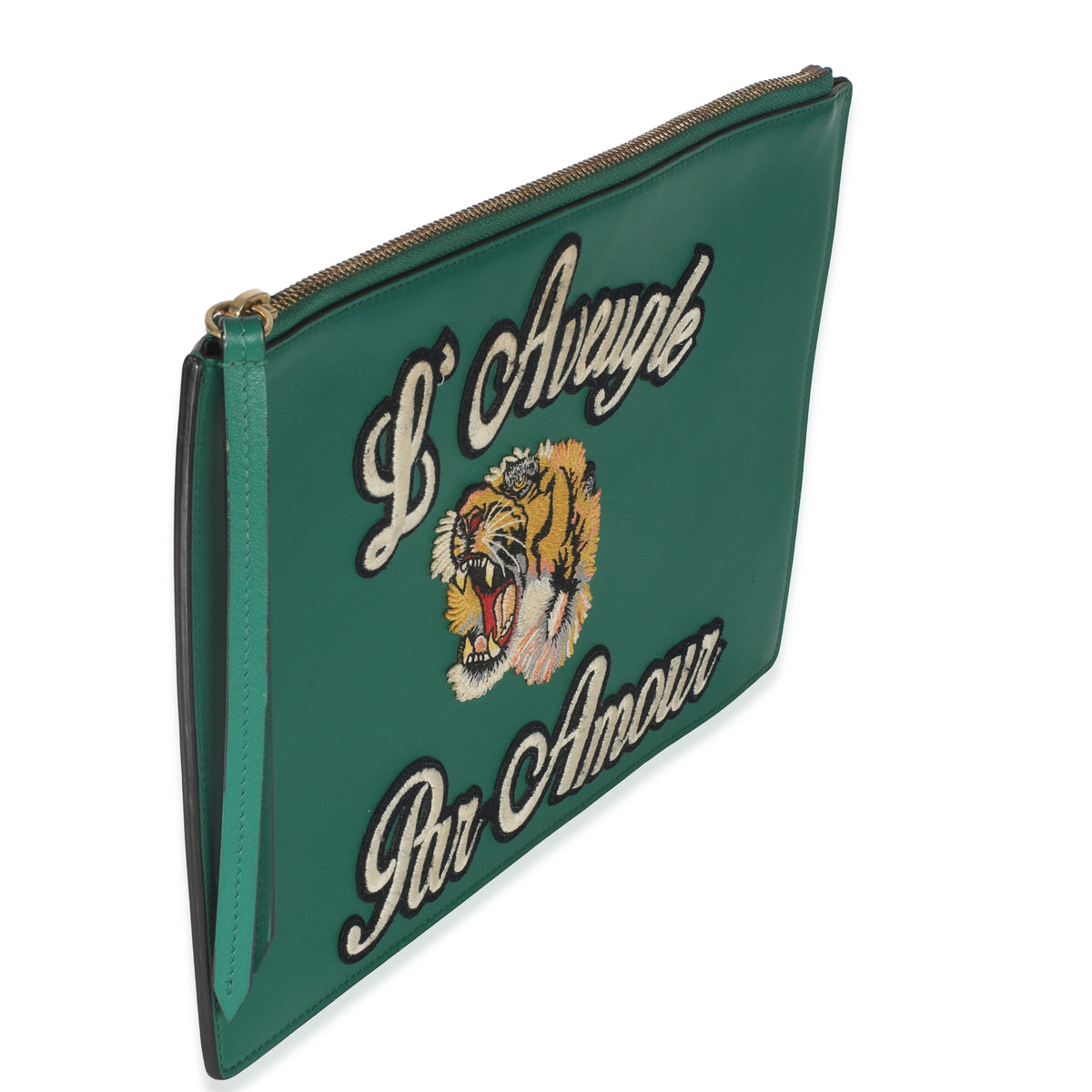 Green Leather Tiger Embroidery Clutch