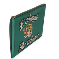 Green Leather Tiger Embroidery Clutch