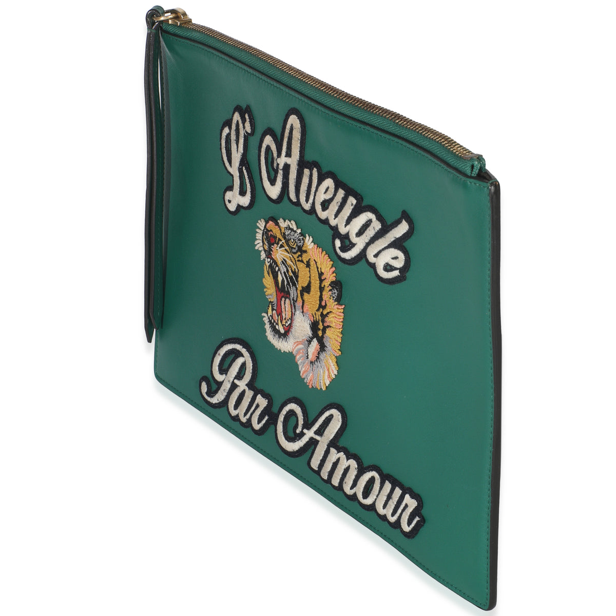 Green Leather Tiger Embroidery Clutch