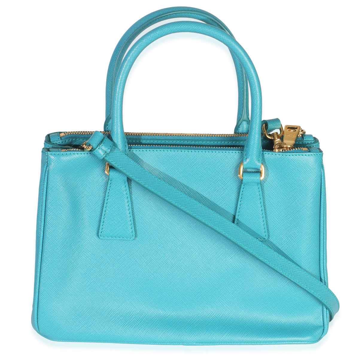 Prada Turchese Saffiano Galleria Small Double Zip Tote Handbag bv