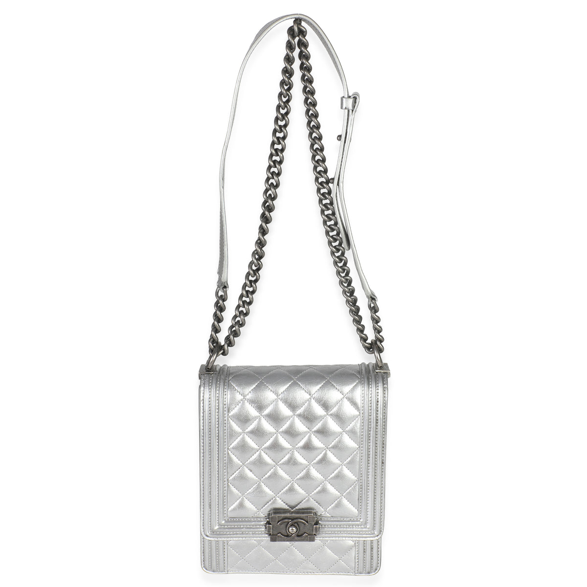 Chanel Silver Quilted Crinkled Goatskin North South Boy Bag Handbag ad1