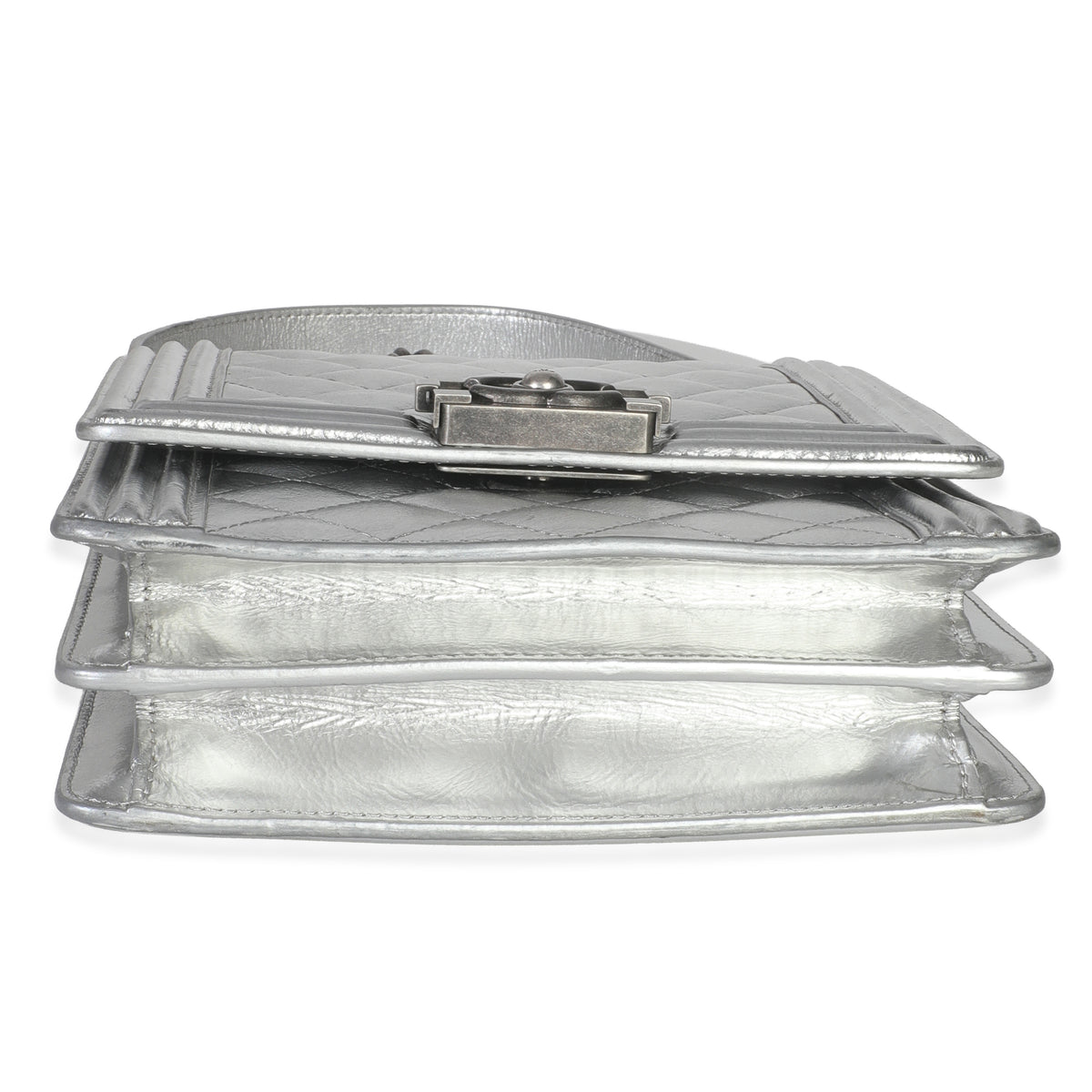 Chanel Silver Quilted Crinkled Goatskin North South Boy Bag Handbag av