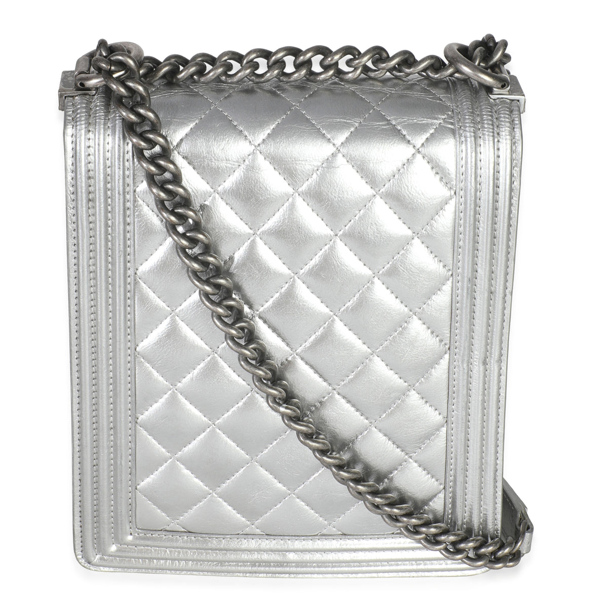Chanel Silver Quilted Crinkled Goatskin North South Boy Bag Handbag bv