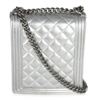 Chanel Silver Quilted Crinkled Goatskin North South Boy Bag Handbag bv