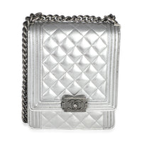 Chanel Silver Quilted Crinkled Goatskin North South Boy Bag Handbag fv
