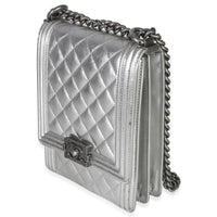 Chanel Silver Quilted Crinkled Goatskin North South Boy Bag Handbag sv