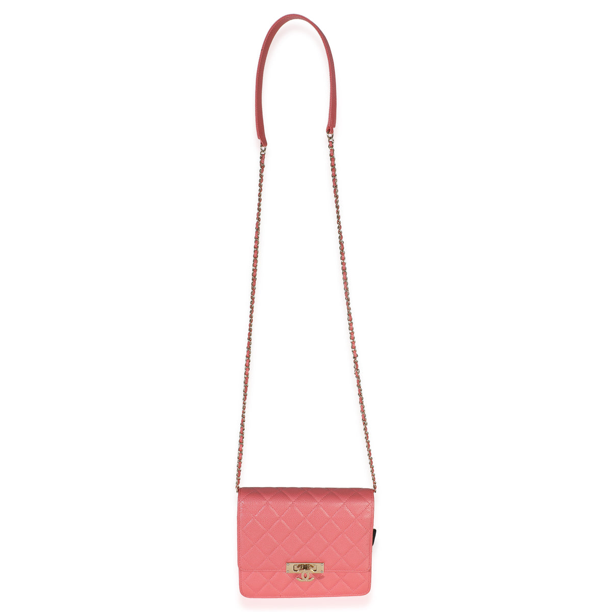 Pink Iridescent Quilted Caviar Golden Class Square Wallet On Chain