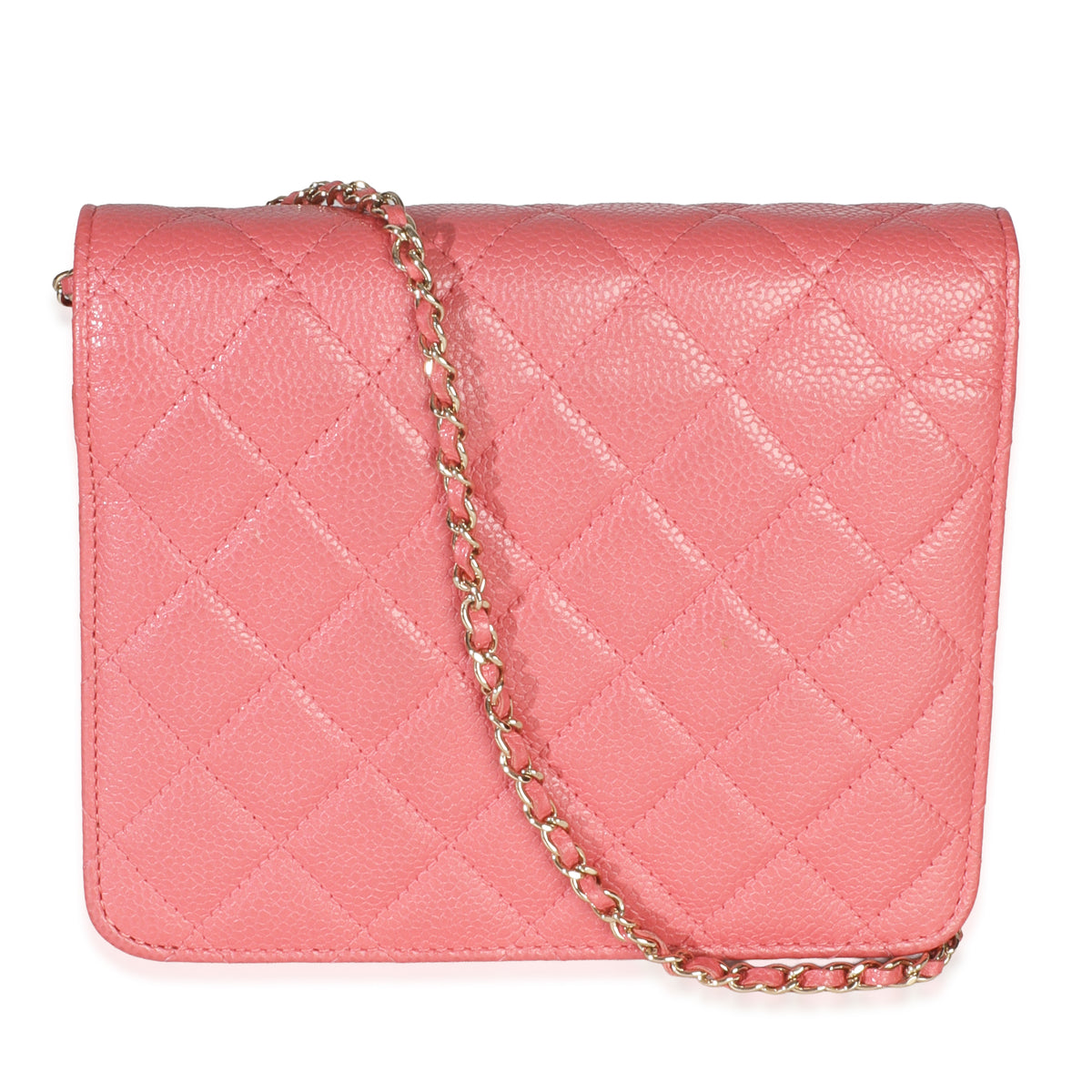 Pink Iridescent Quilted Caviar Golden Class Square Wallet On Chain