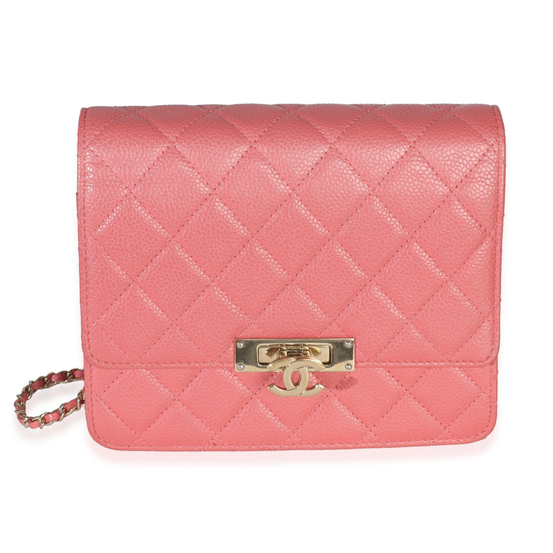 Pink Iridescent Quilted Caviar Golden Class Square Wallet On Chain