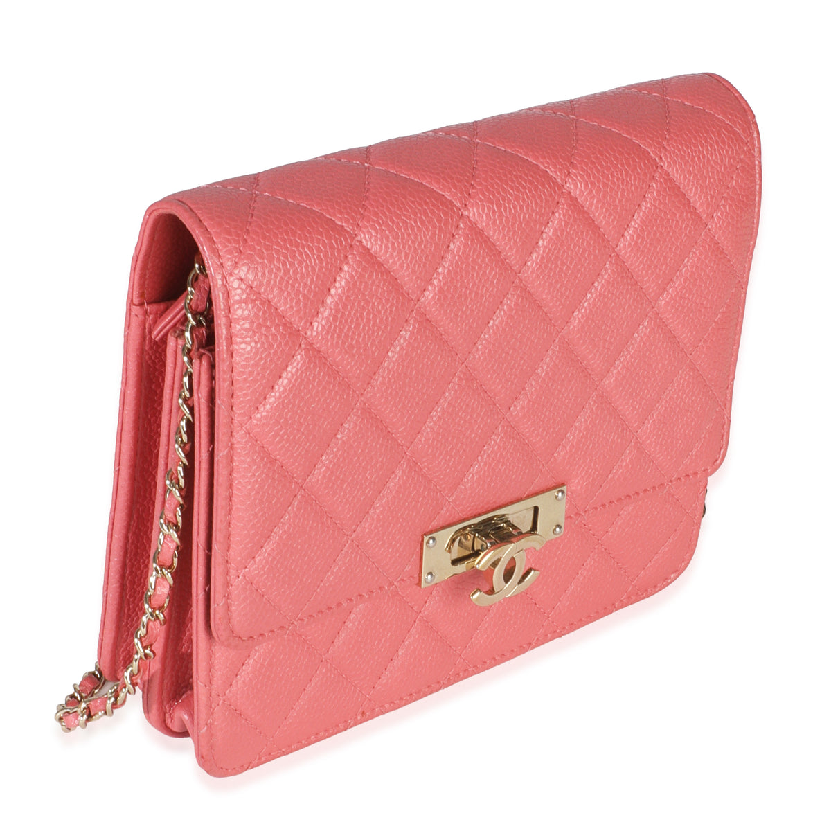 Pink Iridescent Quilted Caviar Golden Class Square Wallet On Chain