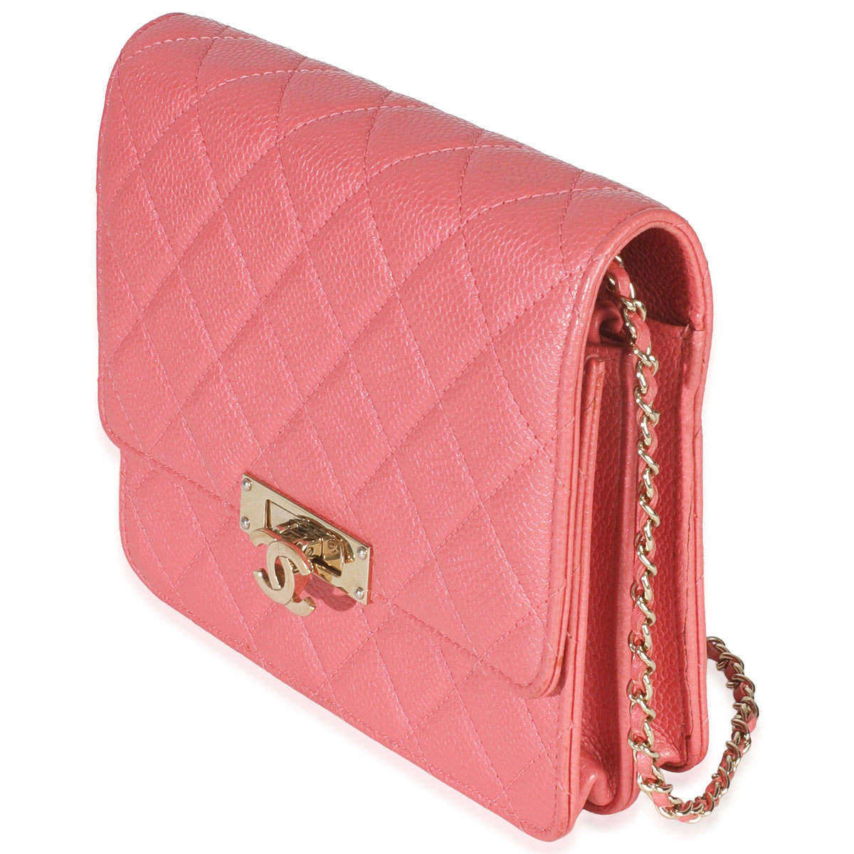 Pink Iridescent Quilted Caviar Golden Class Square Wallet On Chain