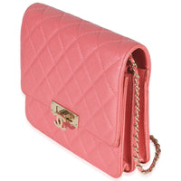 Pink Iridescent Quilted Caviar Golden Class Square Wallet On Chain