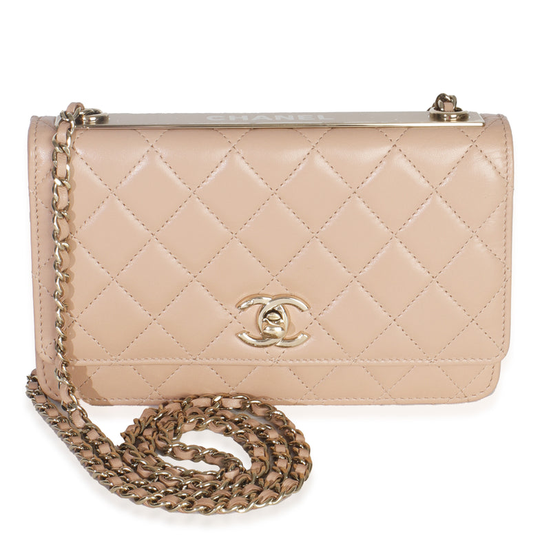 Beige Quilted Lambskin Trendy CC Wallet On Chain