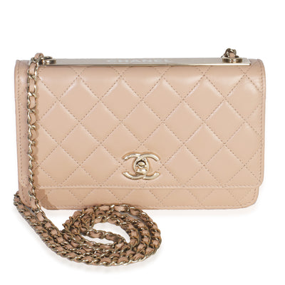 Beige Quilted Lambskin Trendy CC Wallet On Chain