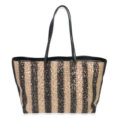 Black Beige Stripe Tweed Pequin Sequin Roll Tote