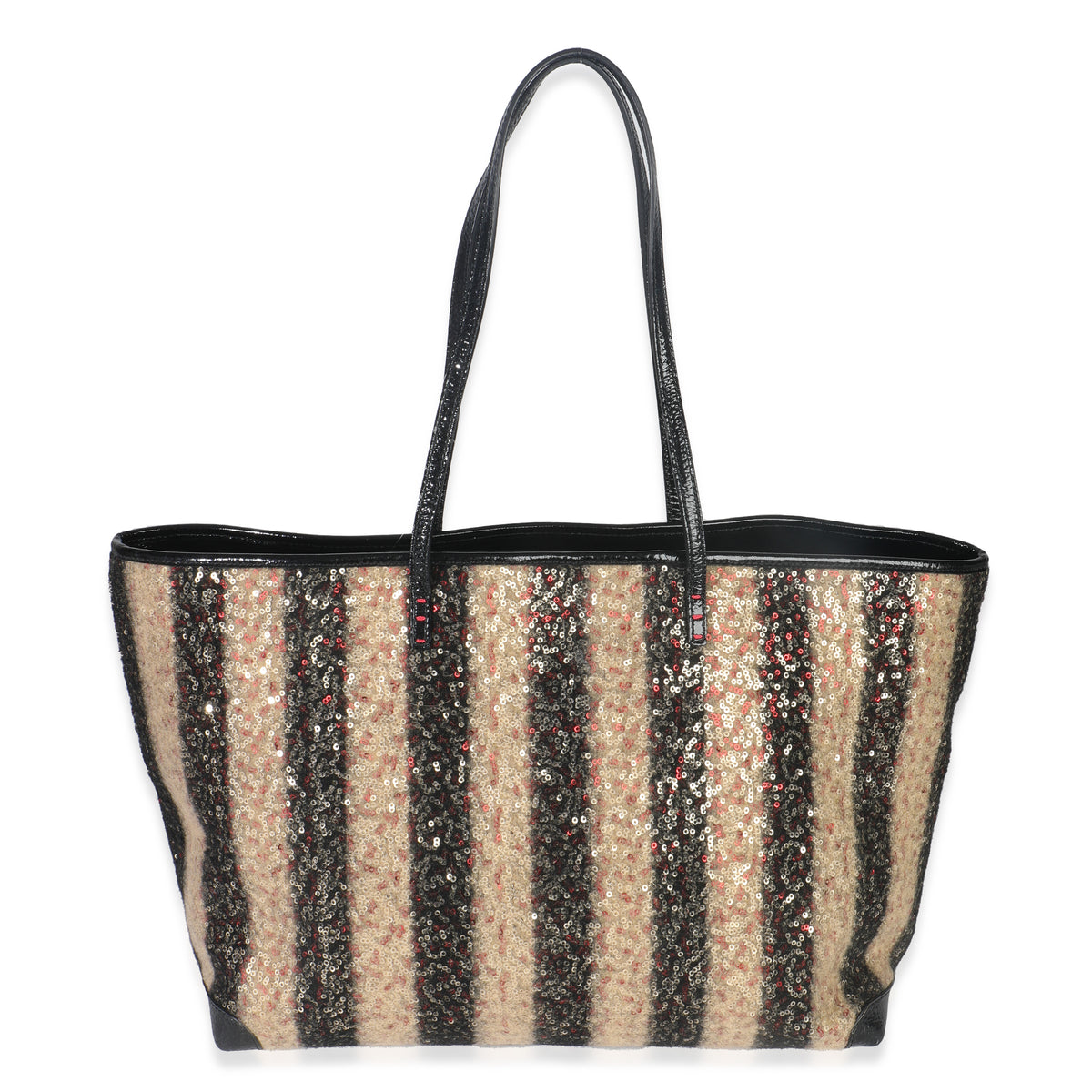 Black Beige Stripe Tweed Pequin Sequin Roll Tote