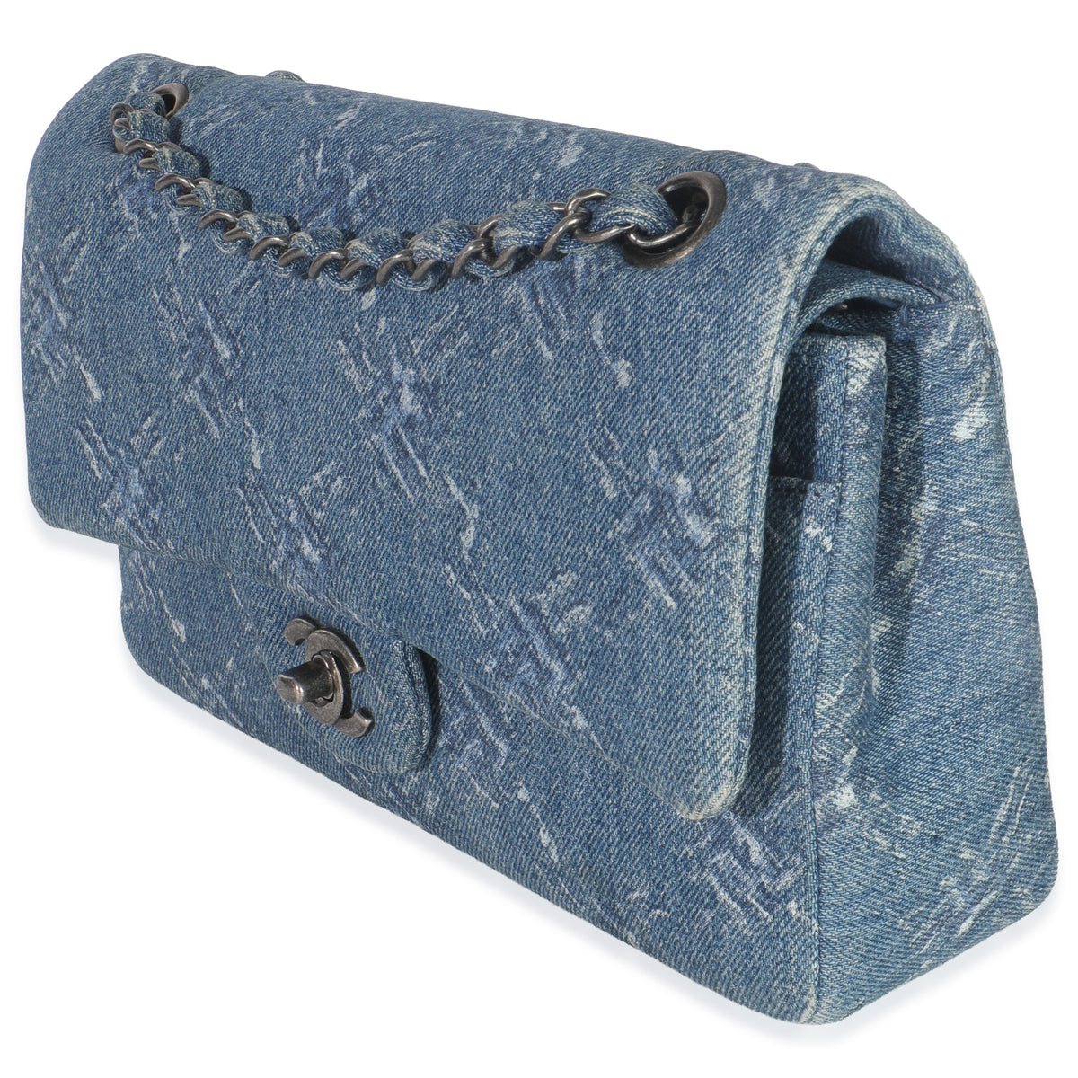 Chanel Blue Bleached Chain Printed Denim Medium Classic Double Flap Bag Handbag sv