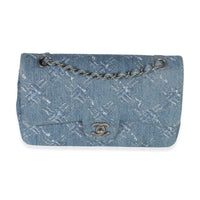 Chanel Blue Bleached Chain Printed Denim Medium Classic Double Flap Bag Handbag fv