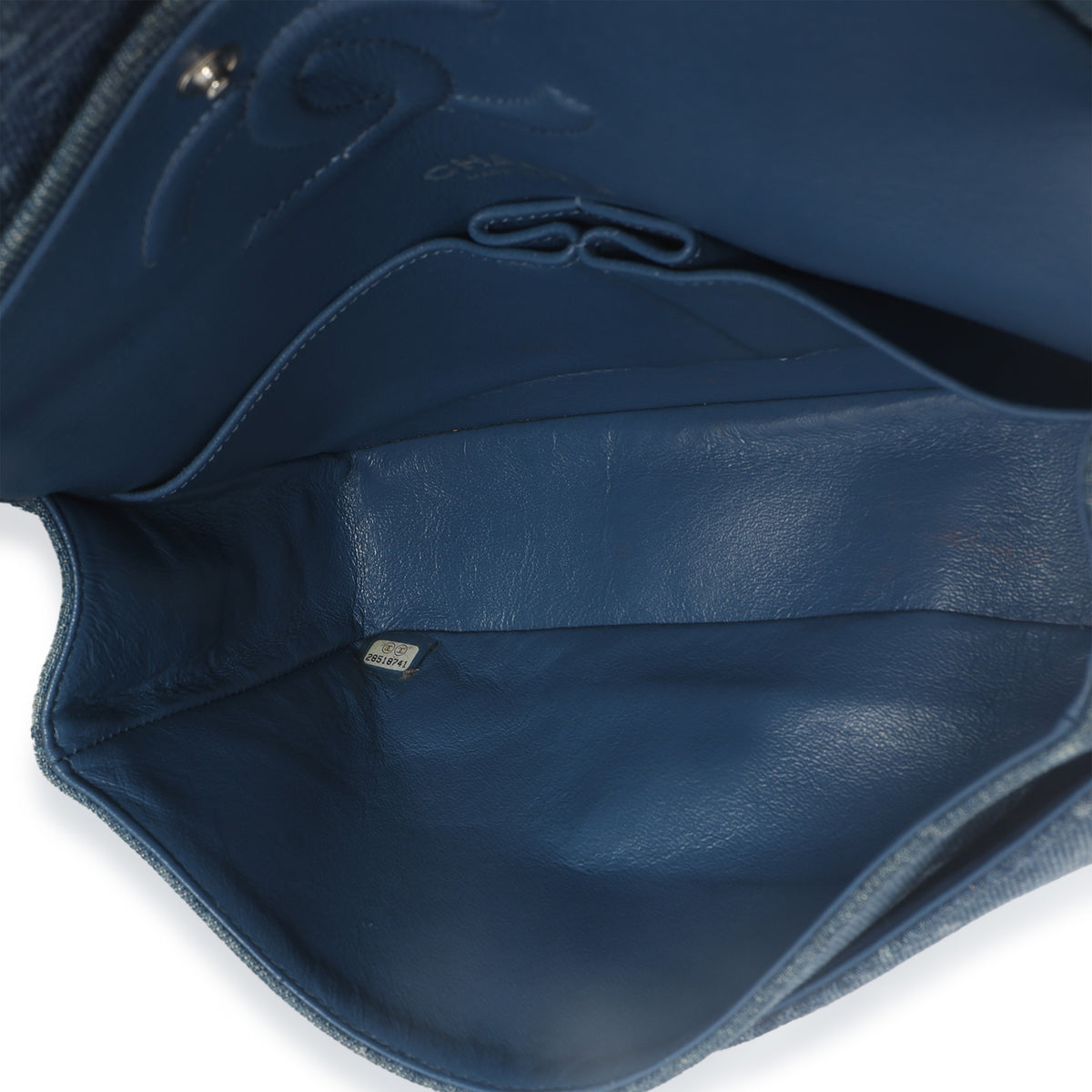 Blue Bleached Chain Printed Denim Medium Classic Double Flap Bag