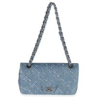 Blue Bleached Chain Printed Denim Medium Classic Double Flap Bag