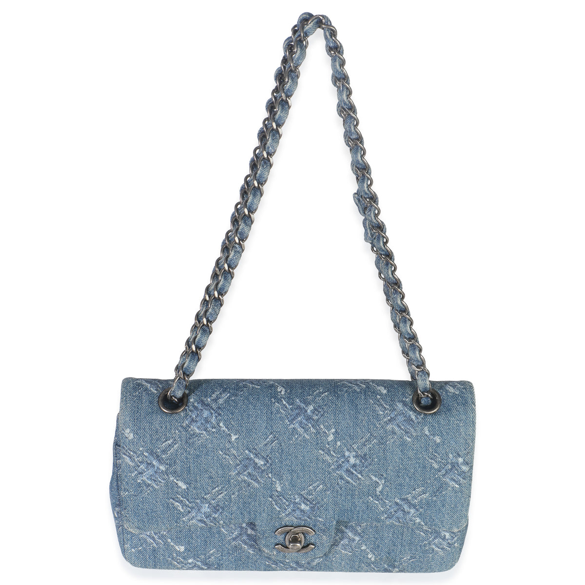 Blue Bleached Chain Printed Denim Medium Classic Double Flap Bag