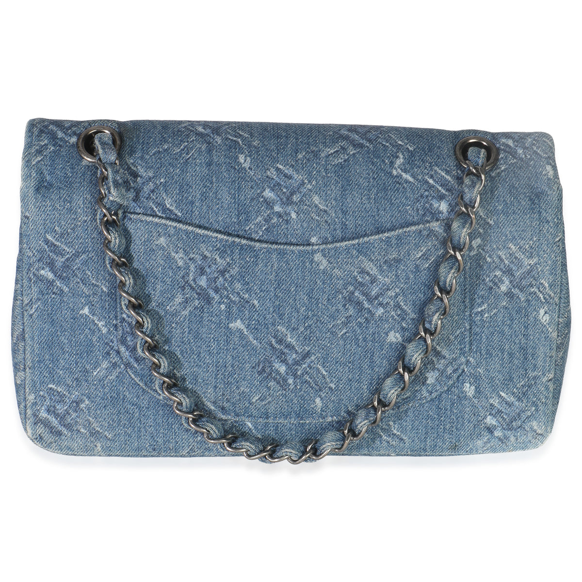 Blue Bleached Chain Printed Denim Medium Classic Double Flap Bag