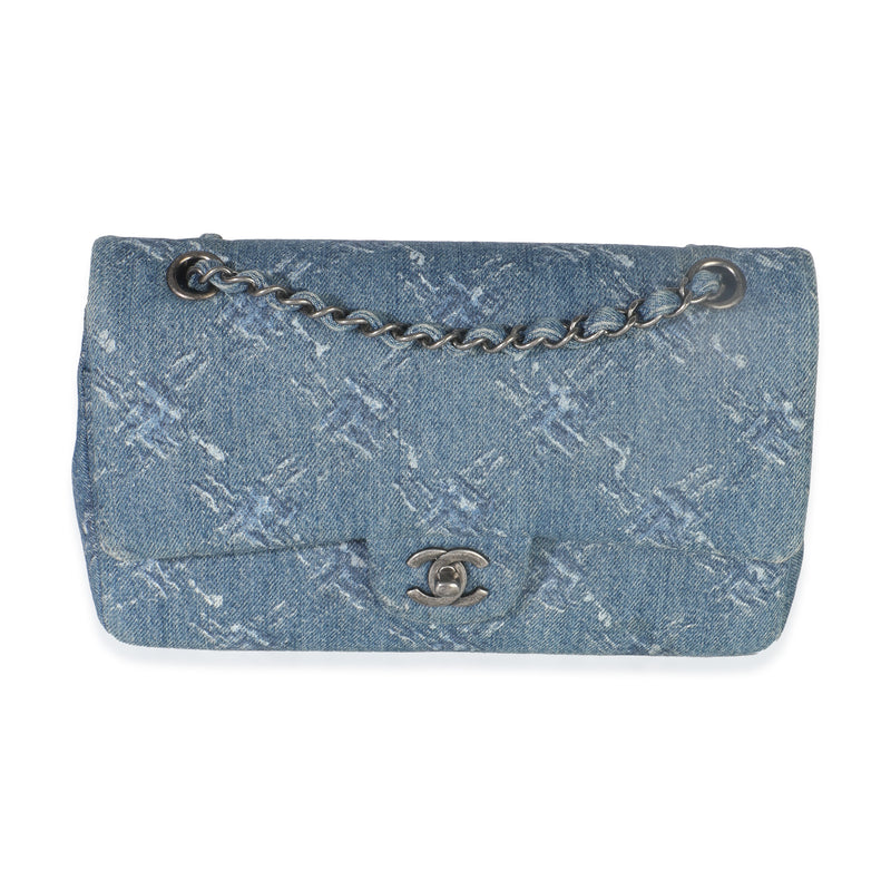 Blue Bleached Chain Printed Denim Medium Classic Double Flap Bag