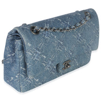 Blue Bleached Chain Printed Denim Medium Classic Double Flap Bag