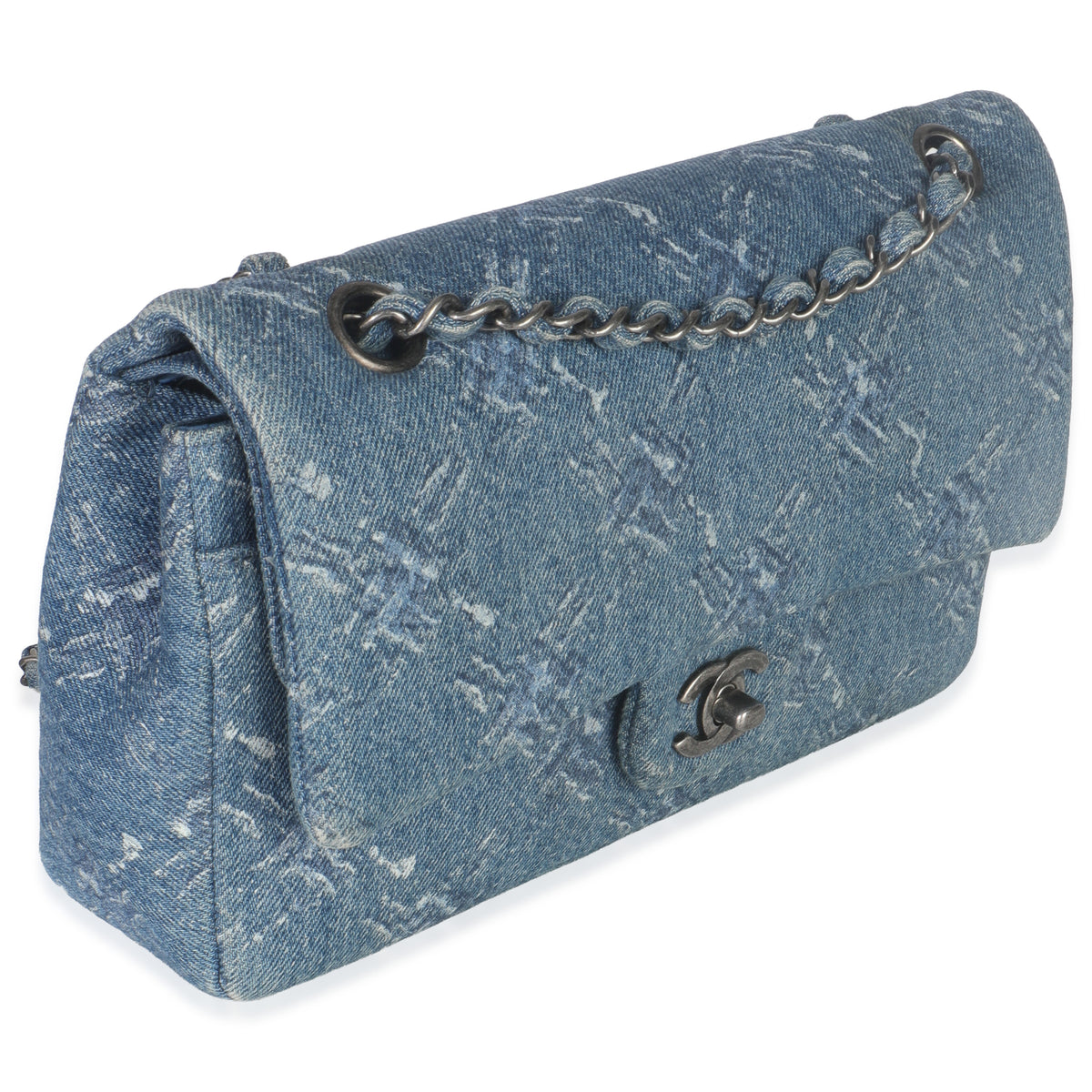 Blue Bleached Chain Printed Denim Medium Classic Double Flap Bag
