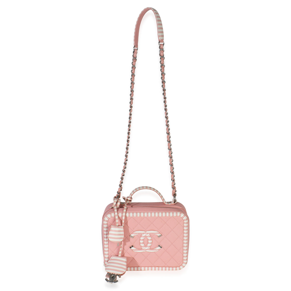 Pink Quilted Caviar Striped Medium CC Filigree Vanity Case