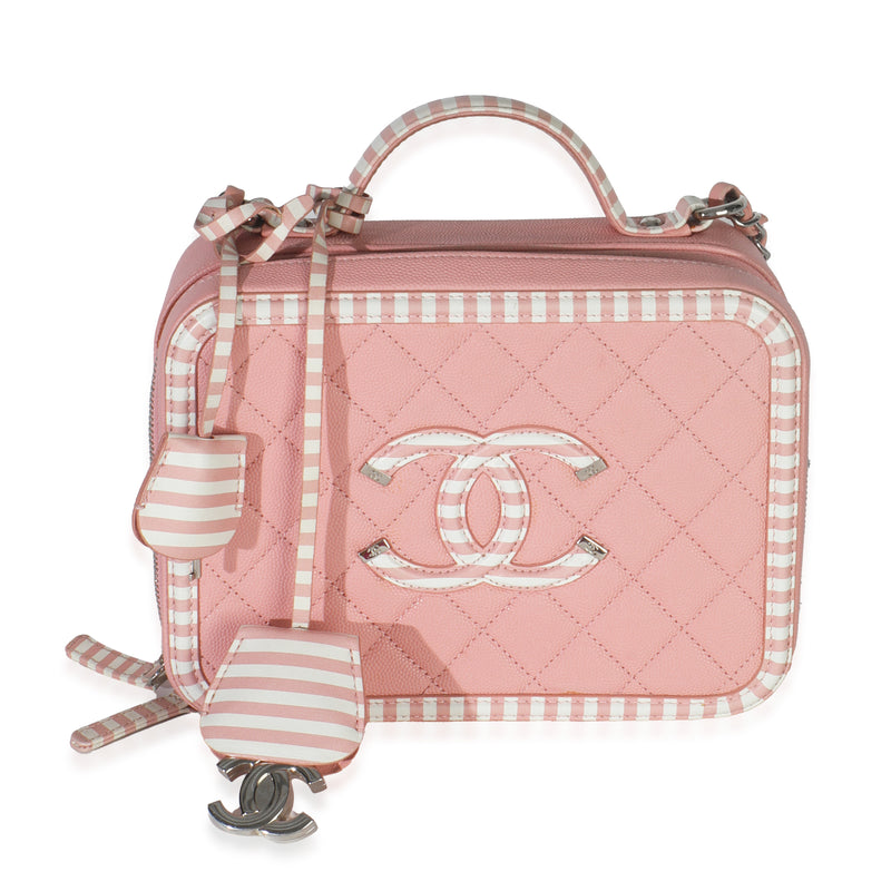 Pink Quilted Caviar Striped Medium CC Filigree Vanity Case