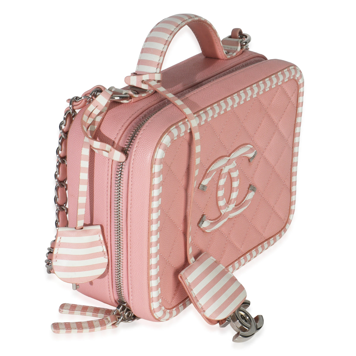 Pink Quilted Caviar Striped Medium CC Filigree Vanity Case