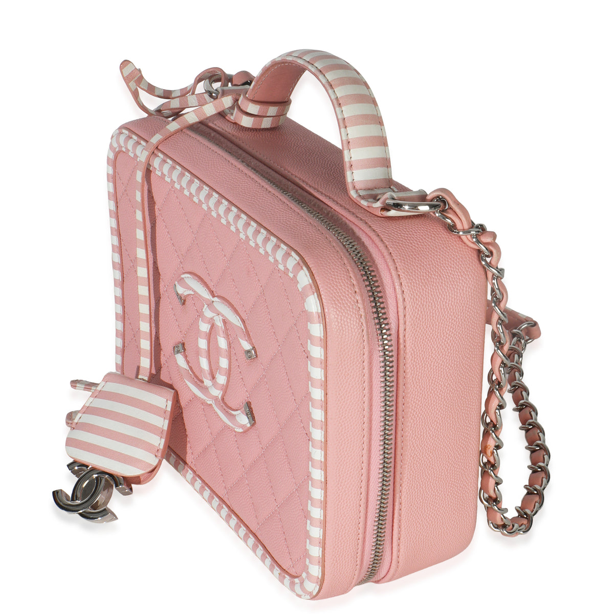 Pink Quilted Caviar Striped Medium CC Filigree Vanity Case