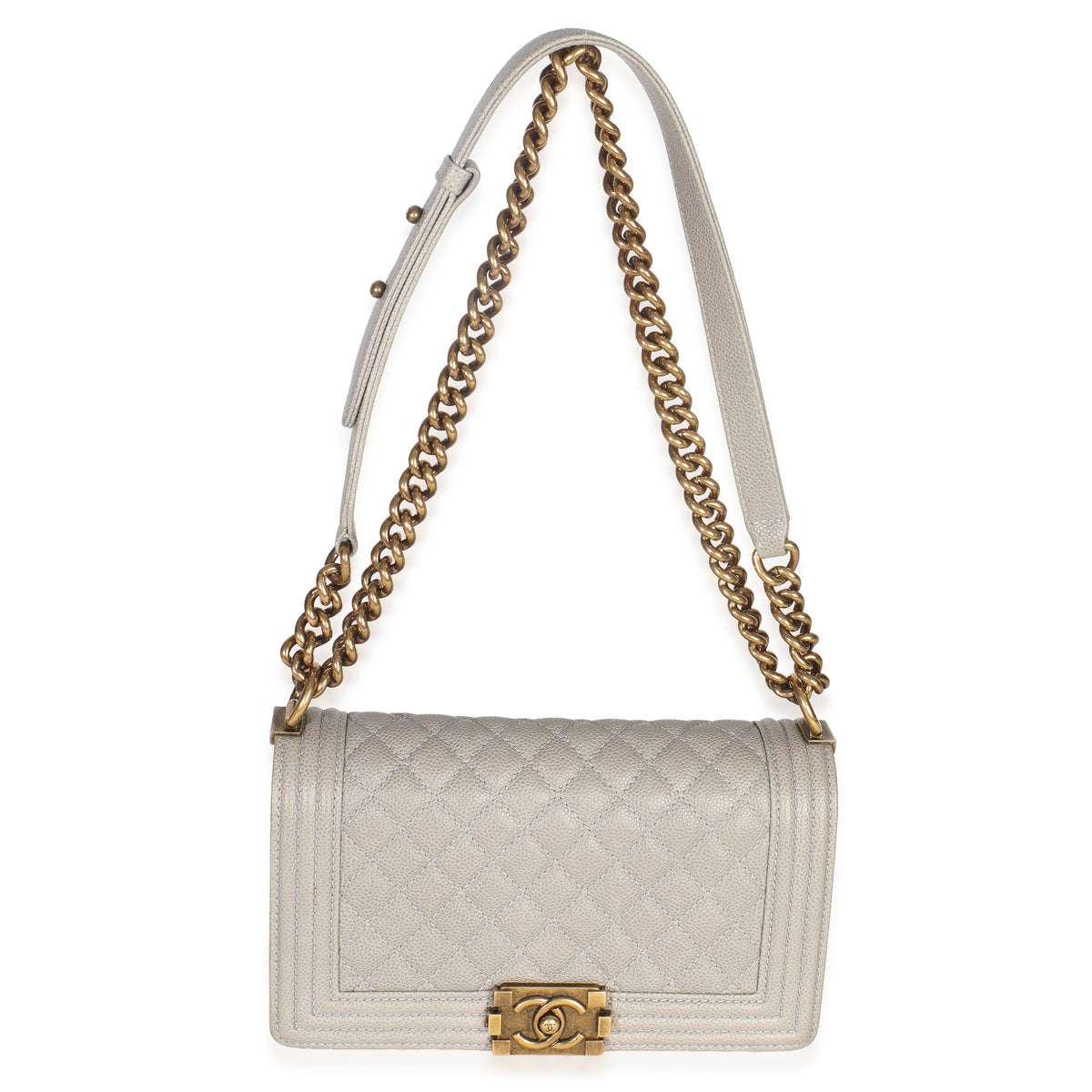 Beige Quilted Caviar Old Medium Boy Handbag