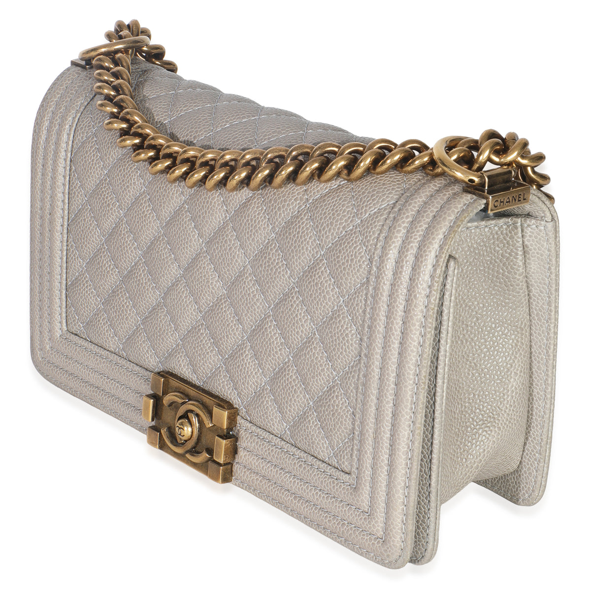 Beige Quilted Caviar Old Medium Boy Handbag