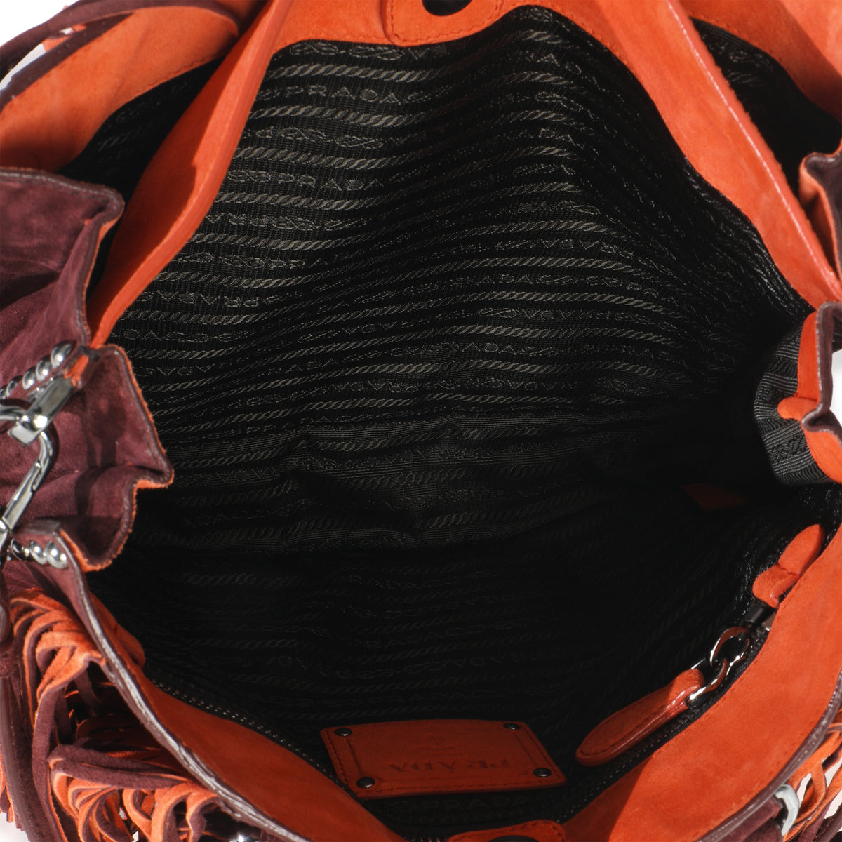 Prada Vintage Red Orange Suede Fringe Tote Bag Handbag ad1