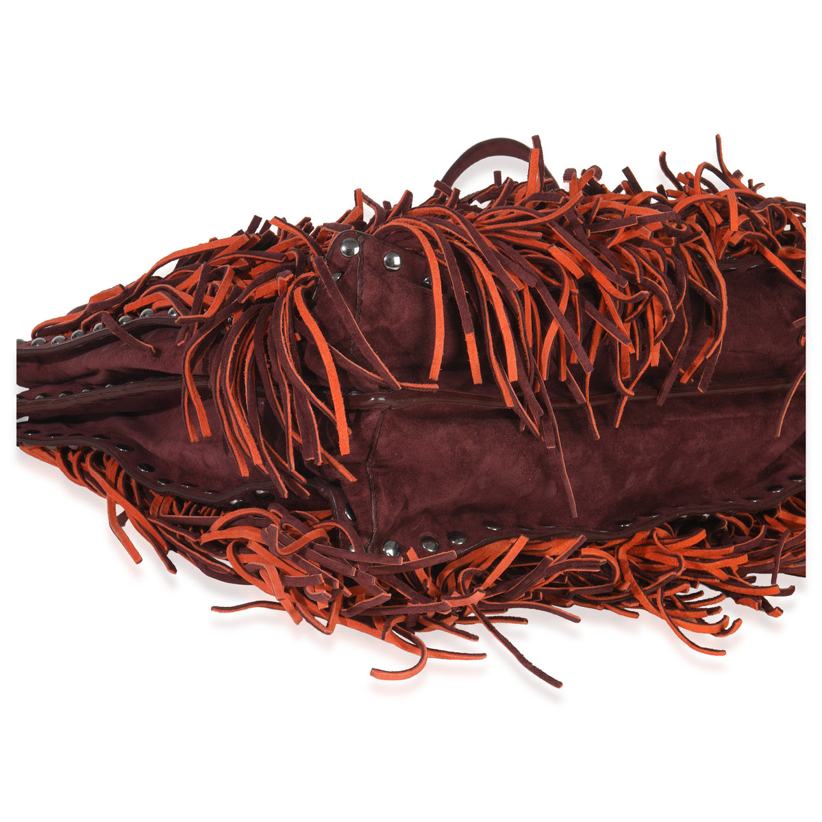 Prada Vintage Red Orange Suede Fringe Tote Bag Handbag clasp
