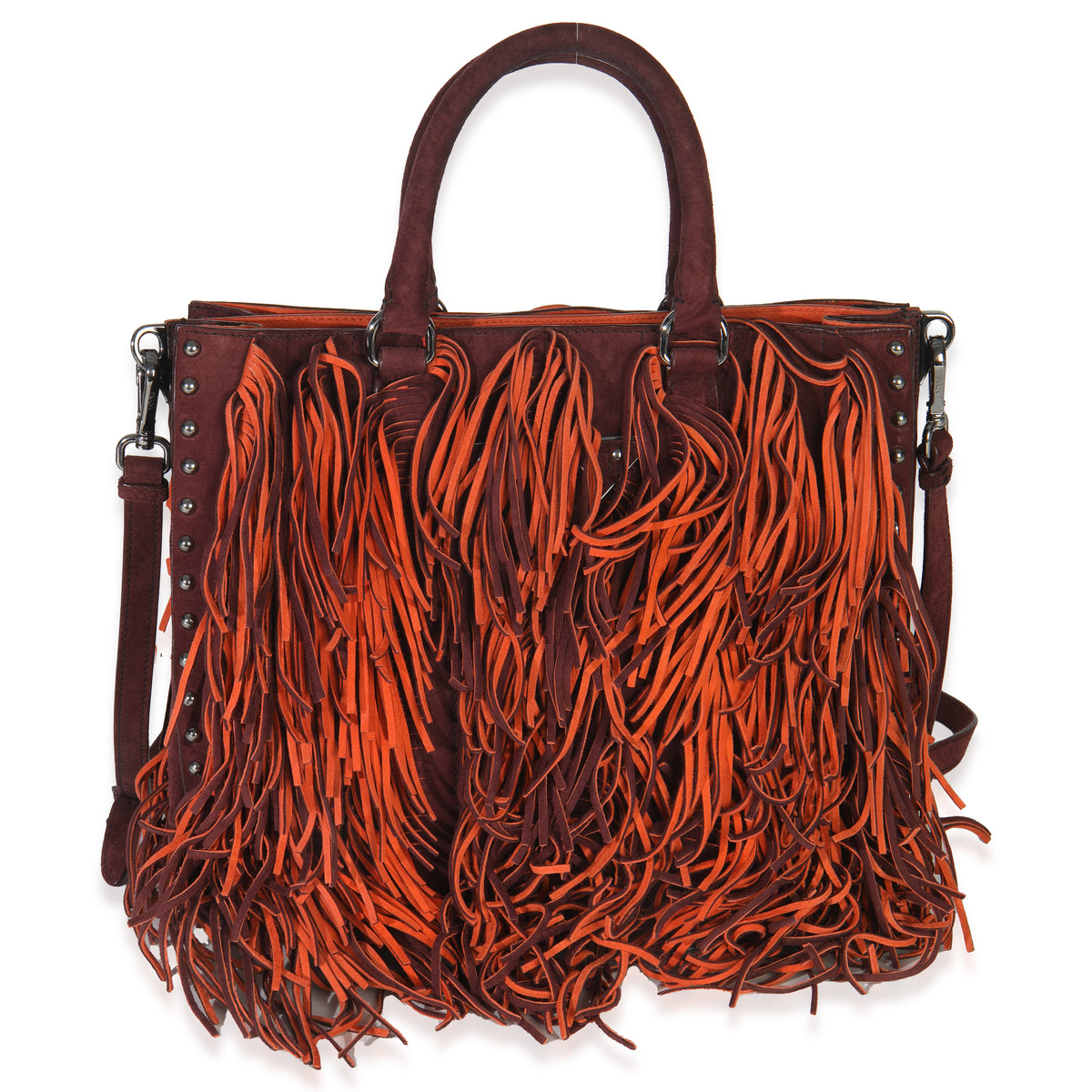 Prada Vintage Red Orange Suede Fringe Tote Bag Handbag fv
