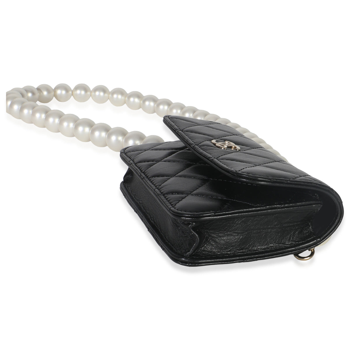 Chanel Black Quilted Calfskin Pearl Strap Mini Clutch With Chain Handbag box