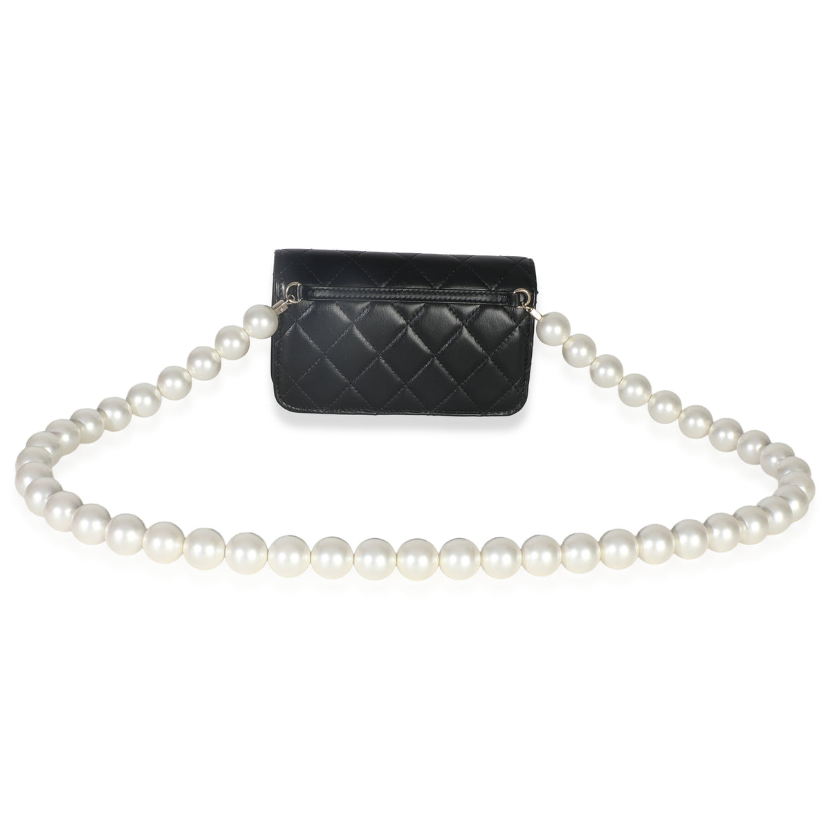 Chanel Black Quilted Calfskin Pearl Strap Mini Clutch With Chain Handbag bv