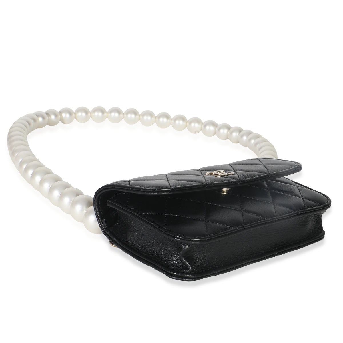 Chanel Black Quilted Calfskin Pearl Strap Mini Clutch With Chain Handbag clasp