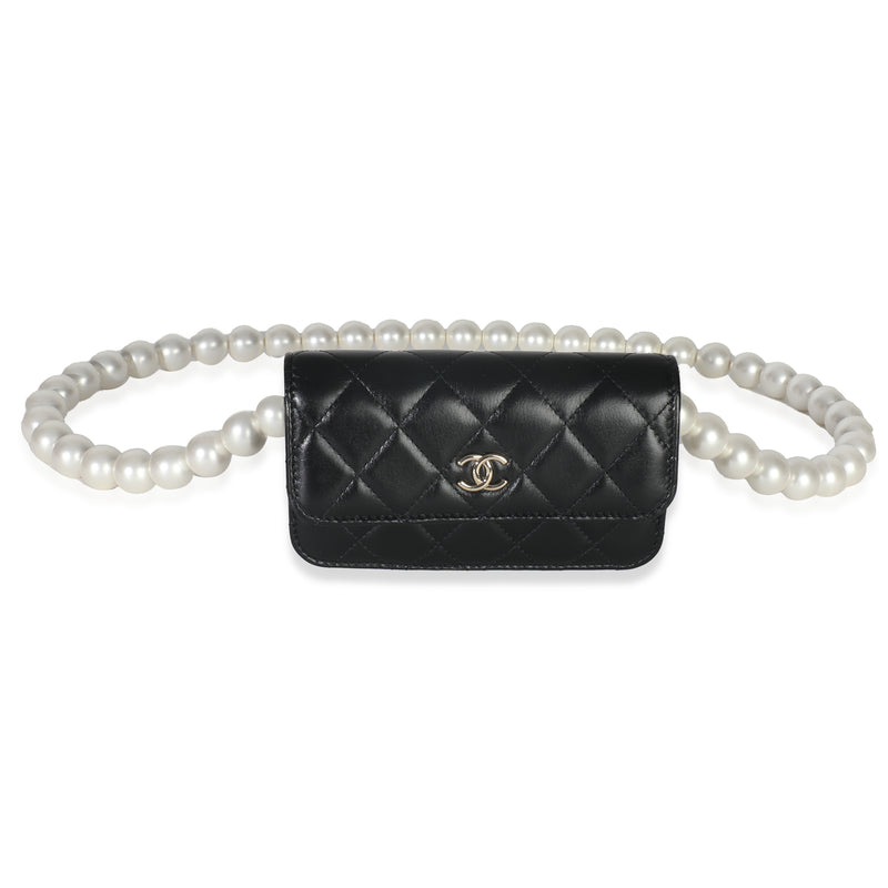 Chanel Black Quilted Calfskin Pearl Strap Mini Clutch With Chain Handbag fv